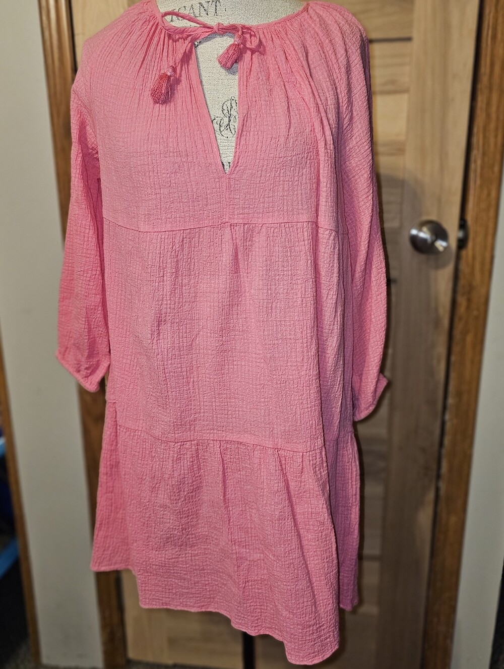 J. Crew Pink Tie-Neck Gauze Peasant Dress